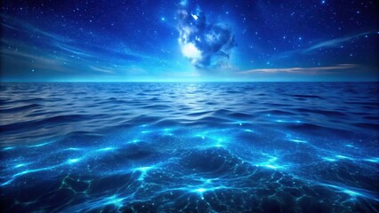 Deep indigo ocean surface reflected in the darkness of the deep sea, with only a faint glow of bioluminescent creatures visible in the distance, ocean landscape, abyssal zone