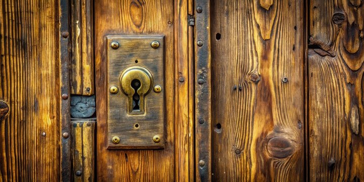 Close-up of a large old wooden door with a shiny brass keyhole, wood, rustic,  wood, rustic - Powered by Adobe