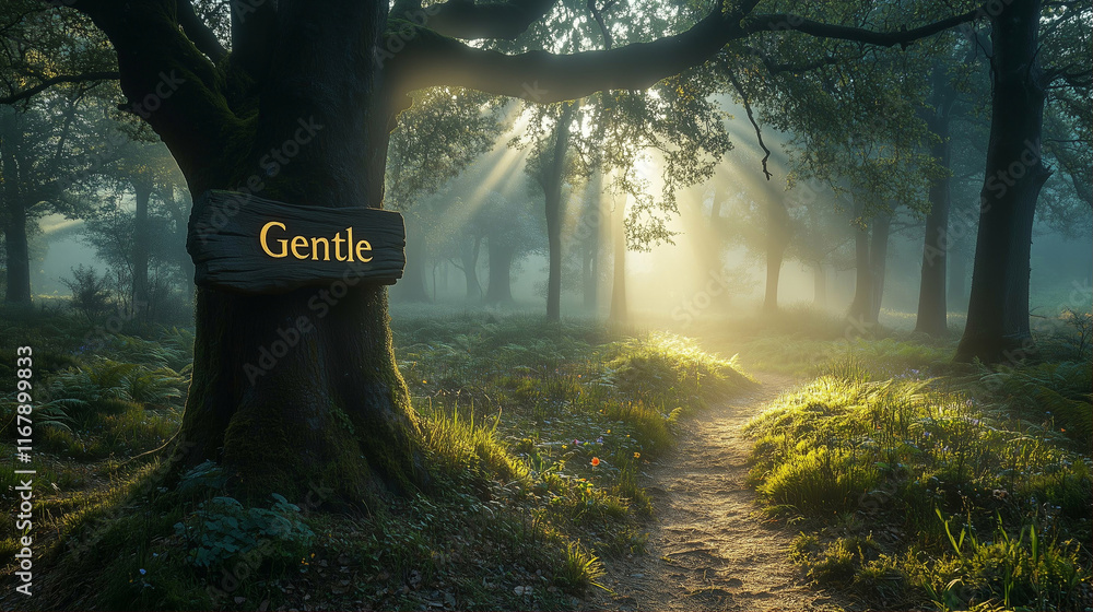 Poster tree in forest with path through misty morning sunlight creating a serene atmosphere