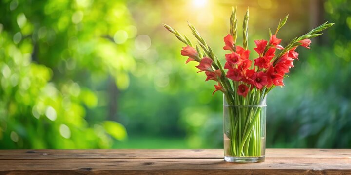 Red gladiolus stems in transparent glass vase on wooden table, surrounded by lush green leaves and soft lighting, home decor, flowers arrangement