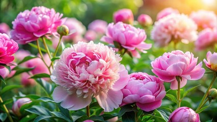 Soft pink peonies blooming in a lush garden, colorful blooms