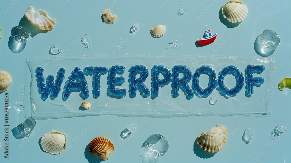 Poster waterproof text with shells and decorative elements on a blue background featuring graphic design el
