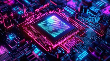 Obraz premium Neon Glowing CPU Chip on Motherboard