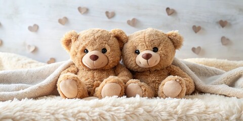 Two cuddly teddy bears with hearts snuggled together on a soft, plush blanket, teddy bears, friendship