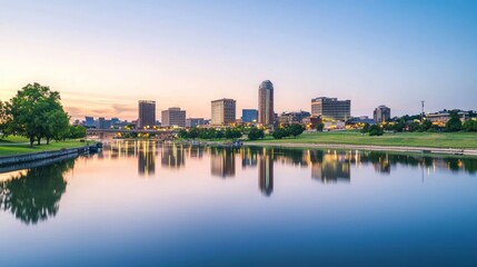 Twilight Tranquility: Vibrant City Skyline Reflected in Serene River at Dusk