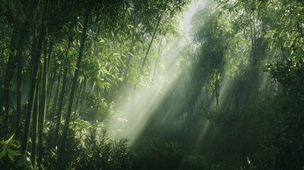 Obraz premium Serene Bamboo Forest: Sunlight Filtering Through Dense Stalks in Tranquil Natural Setting