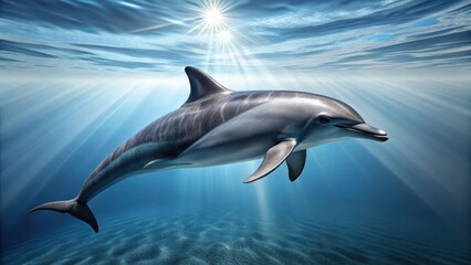 A grey dolphin swims alone in the open ocean, its body curved and streamlined as it glides effortlessly through the water, grey color, wildlife