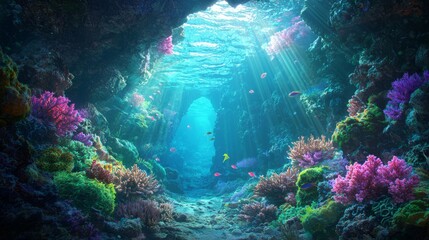 Fototapeta premium Exploration of a Colorful Underwater Haven: Vibrant Cave with Diverse Fish, Luminous Coral, and Sunlit Streams