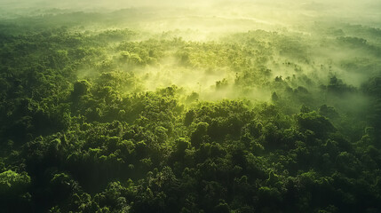 Obraz premium Aerial view of lush jungle with vibrant green foliage and mist