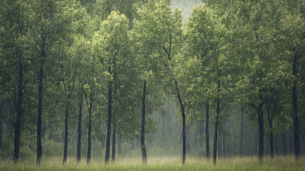 Fototapeta premium misty forest scene during heavy rain, showcasing lush green trees
