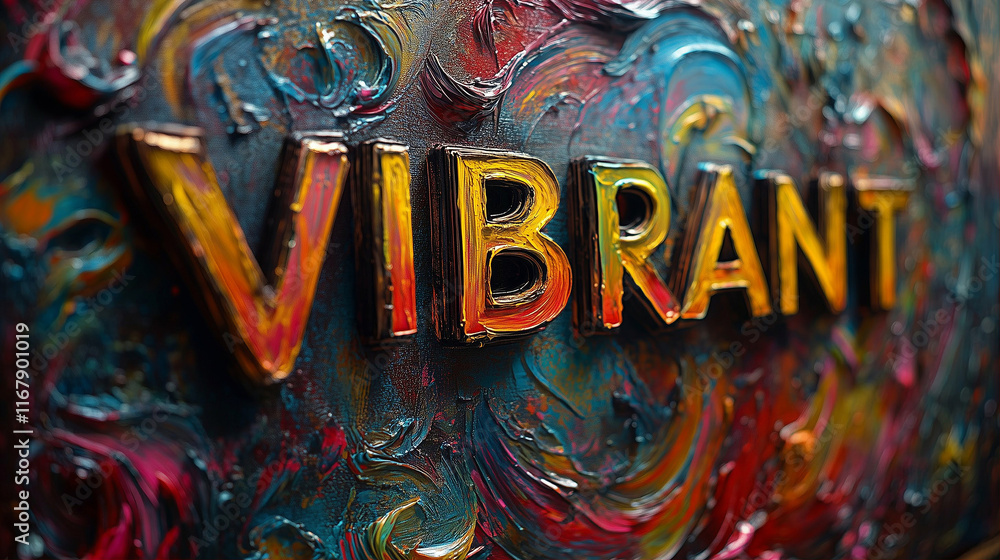 Poster vibrant text art showcasing vivid colors and dynamic texture in a creative composition