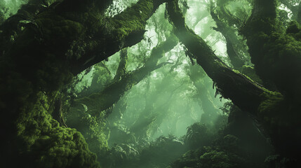 mystical forest scene with lush greenery and towering trees