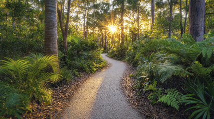Fototapeta premium peaceful rainforest trail bathed in golden sunlight, surrounded by lush greenery