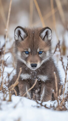Obraz premium Macro close-up adorable wolf fox pups snowy landscapes expressive eyes soft fur natural winter forest woodland photography animal blue gaze look cute zoo wild instinct habitat baby silver fluffy