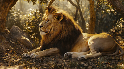 Obraz premium Majestic lion resting in jungle, embodying strength and tranquility