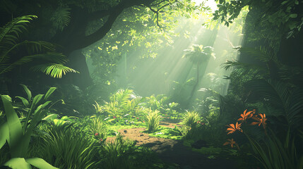 Fototapeta premium serene green jungle setting with rich tropical plants and sunlight