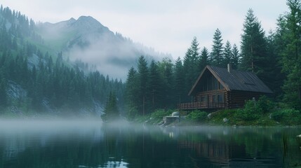 Fototapeta premium Tranquil Retreat: Cozy Wooden Cabin on Lake Shore with Pine Trees and Misty Morning Vibes