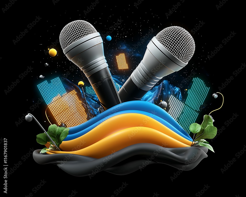 Poster digital art hiphop streaming concept, two microphones are artistically displayed with vibrant soundw