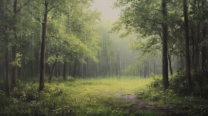 Obraz premium serene rainy day in lush green forest with gentle rain falling