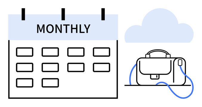 Calendar titled Monthly with grid layout, briefcase representing work tasks, cloud icon. Ideal for business planning, remote work, project management, scheduling, organizational tools, productivity