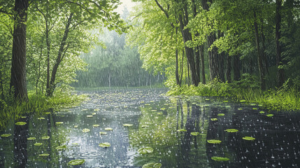 serene view of gentle rain falling on lush green forest lake