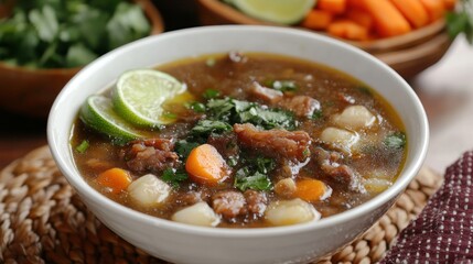 A bowl of savory soup with meat, vegetables, and lime, garnished with fresh herbs.