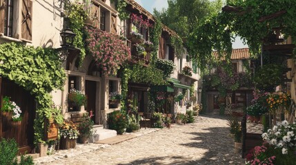 Obraz premium Enchanting European Village: Picturesque Cobblestone Streets, Floral Balconies, and Cozy Shops
