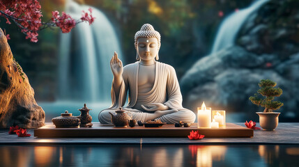 Serene Buddha Statue by a Waterfall with Zen Decor and Candles