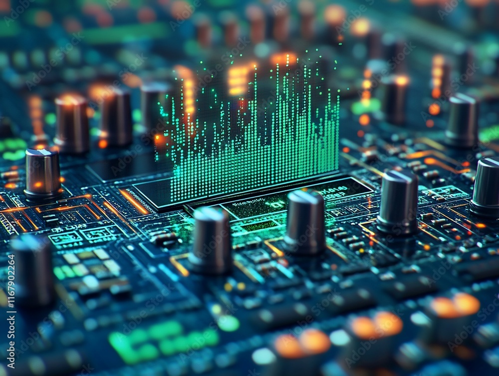 Poster abstract digital audio waveform displayed on a circuit board.