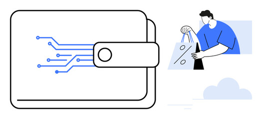 Digital wallet with electronic circuit design on front. Person holding shopping bags in the background. Ideal for e-commerce, fintech, digital payment, technology, security, shopping marketing. Line