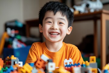 Child immersed in playful creativity, surrounded by colorful building blocks at home with a joyful smile