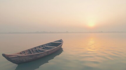 Naklejka premium Serene Sunrise: Enchanting Foggy River with Wooden Boat Floating Peacefully - Ultra-Detailed Landscape Photography