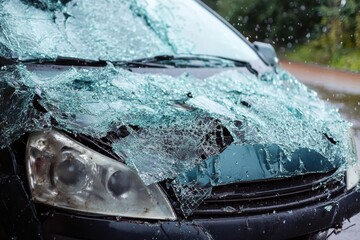 Broken glass covers a damaged vehicle in a rain-soaked area, revealing the aftermath of an unfortunate incident
