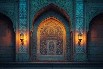 An ornate prayer niche (mihrab) adorned with vibrant tiles and Arabic calligraphy, softly illuminated by glowing lanterns. Islamic 3d background.