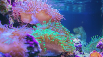 Obraz premium Underwater Wonderland: Vibrant Coral Reef with Colorful Fish, Anemones, and Coral in Ultra-Detailed Photograph