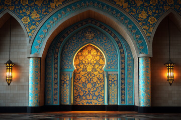 An ornate prayer niche (mihrab) adorned with vibrant tiles and Arabic calligraphy, softly illuminated by glowing lanterns. Islamic 3d background.