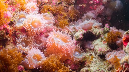 Fototapeta premium Underwater Wonderland: Vibrant Coral Reef with Colorful Fish, Sea Anemones, and Diverse Marine Life