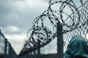 Exploring the boundaries of freedom amidst a tempestuous sky and barbed wire fences