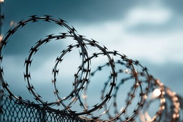 Barbed wire spirals against a moody sky, evoking themes of confinement and protection in an urban setting