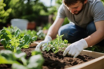 Hands nurturing seedlings in a thriving vegetable garden during a sunny afternoon