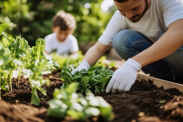 Father and child enjoy nurturing their home garden during a sunny afternoon, planting fresh vegetables side by side