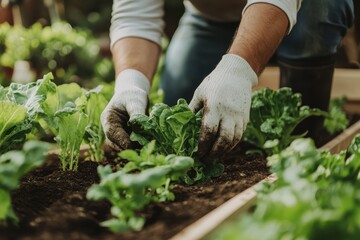 Fototapeta premium Gardeners nurture fresh greens in a cozy urban garden under the warm afternoon sun