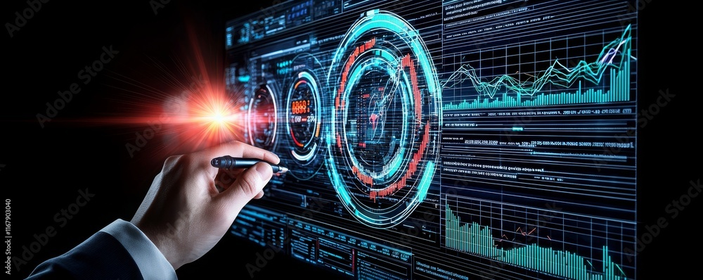 Poster a hand interacts with a futuristic digital interface, showcasing data visualizations, graphs, and ho
