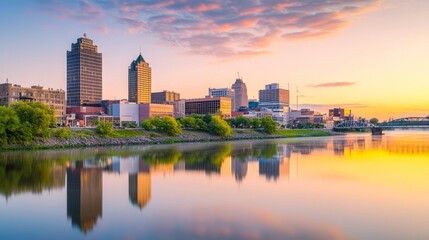 Naklejka premium Golden Hour Glow: Vibrant City Skyline Mirrored in Tranquil River