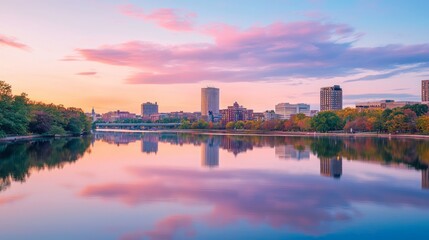 Naklejka premium Serene Cityscape: Vibrant Skyline Reflections in Calm River at Golden Hour.