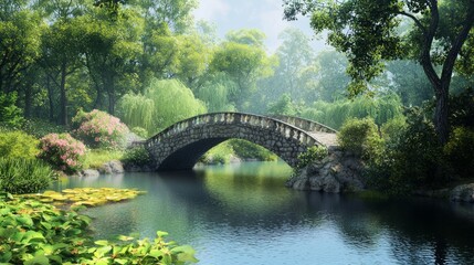 Fototapeta premium Serene Countryside Landscape with Stone Bridge over Tranquil Stream - Peaceful Nature Photography