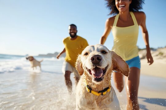 Joyful moments of people and dogs playing together on a sunny beach during summer days
