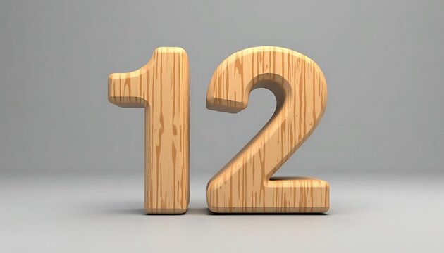 Wooden Number Twelve: A 3D Render of the Number 12 Crafted from Light Brown Wood