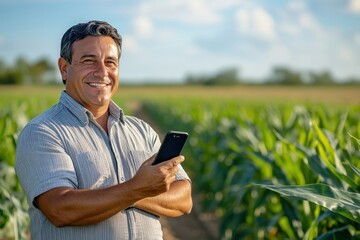 Fototapeta premium Smiling farmer in a green field using smartphone during a sunny day, embracing modern agriculture techniques