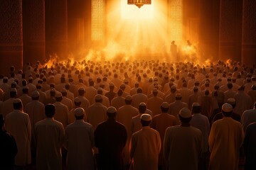 Large group prayer; golden light; ornate building.